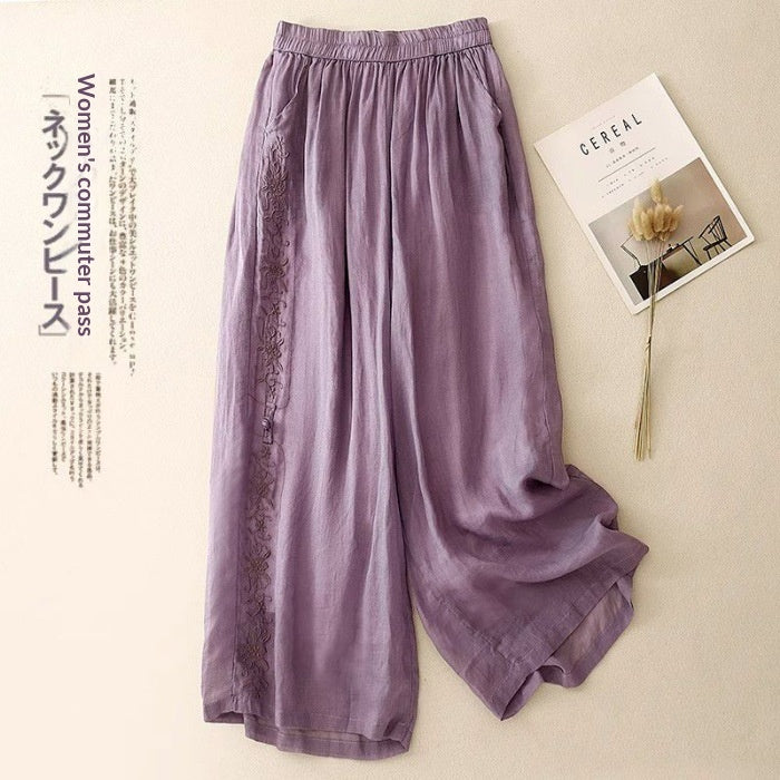 Linnea Embroidered Linen Trousers — Purple