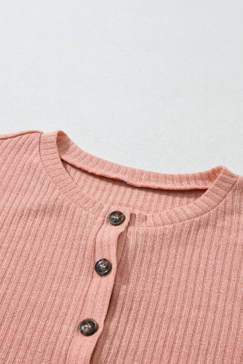 Quarter Button Round Neck Dropped Shoulder Knit Top 5