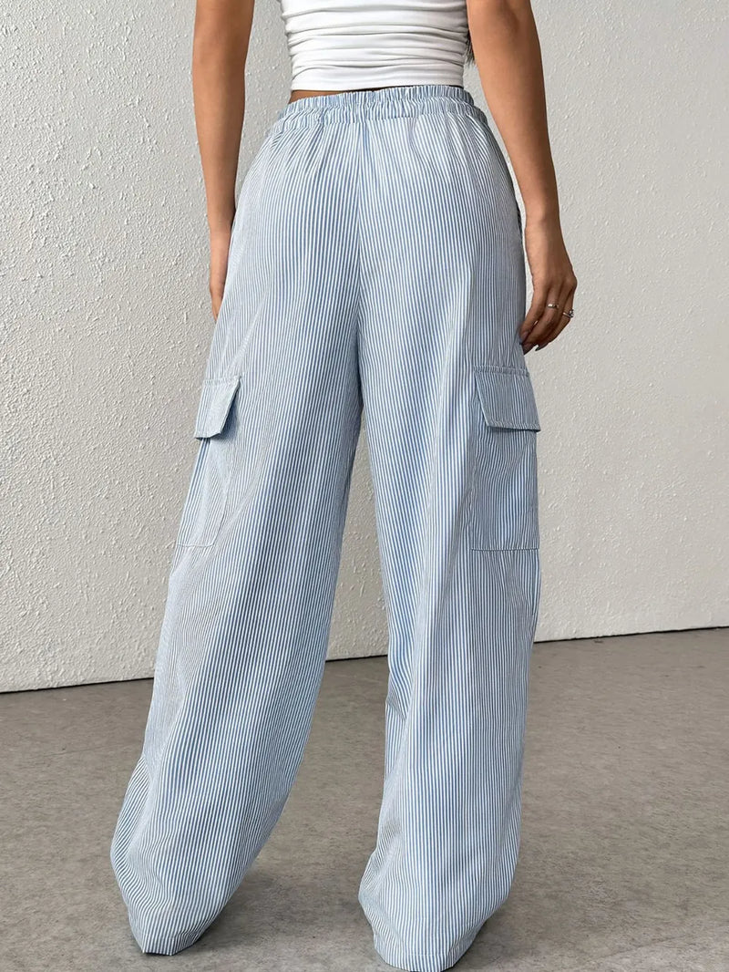 Drawstring Striped Wide Leg Cargo Pants 5