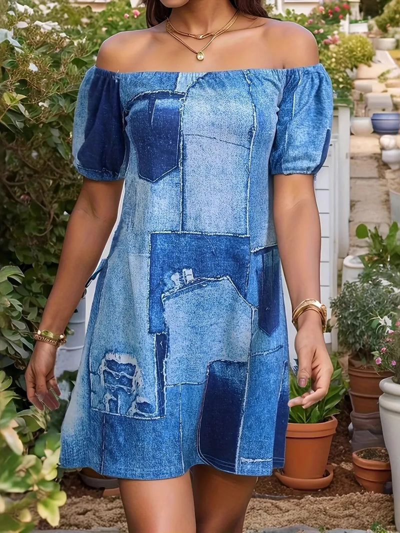 Patchwork Off Shoulder Denim Mini Dress 2
