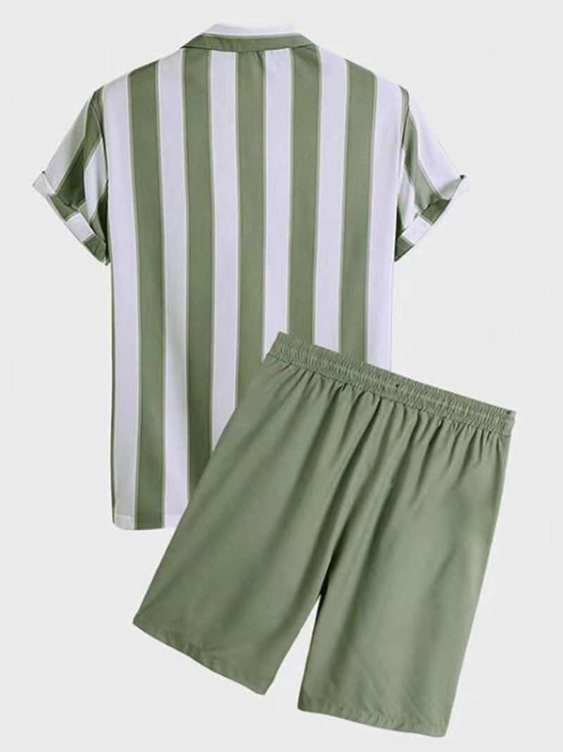 Men's Full Size Striped Casual Shirt And Shorts Set Plus Size 2