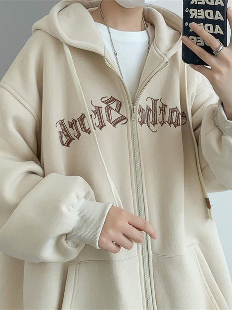 Men's Plus Size Letter Zip Up Drawstring Hoodie Apricot