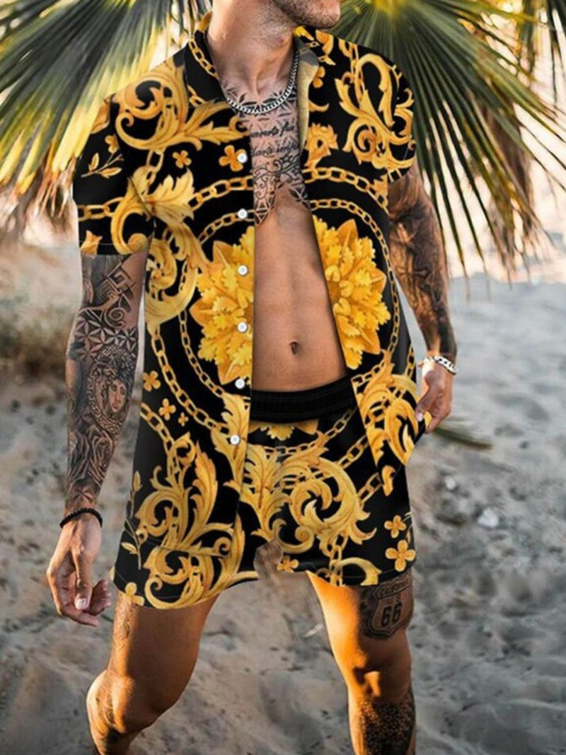 Men's Plus Size Printed Short Sleeve Shirt And Shorts Set 1