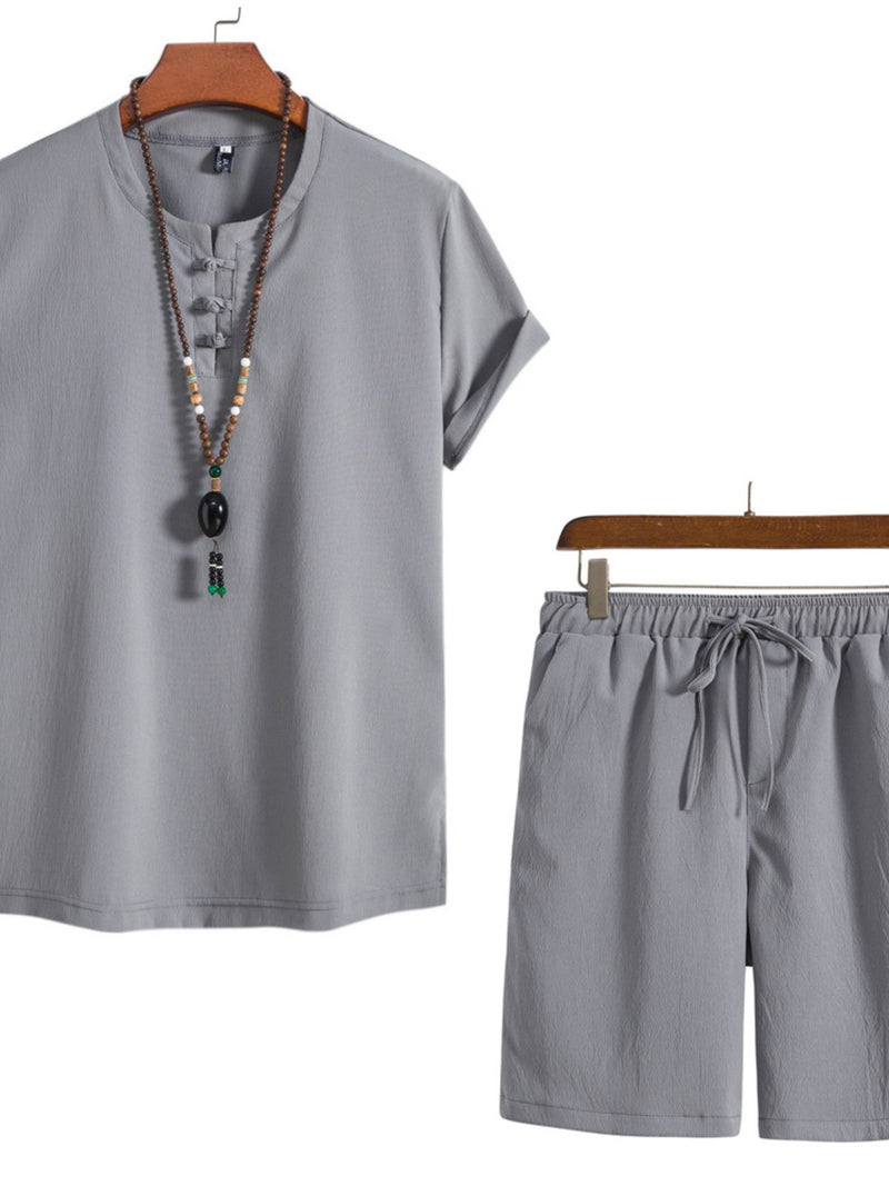 Men's Plus Size Mandarin Collar Short Sleeve Shirt and Shorts Set | Hazel & June Grey