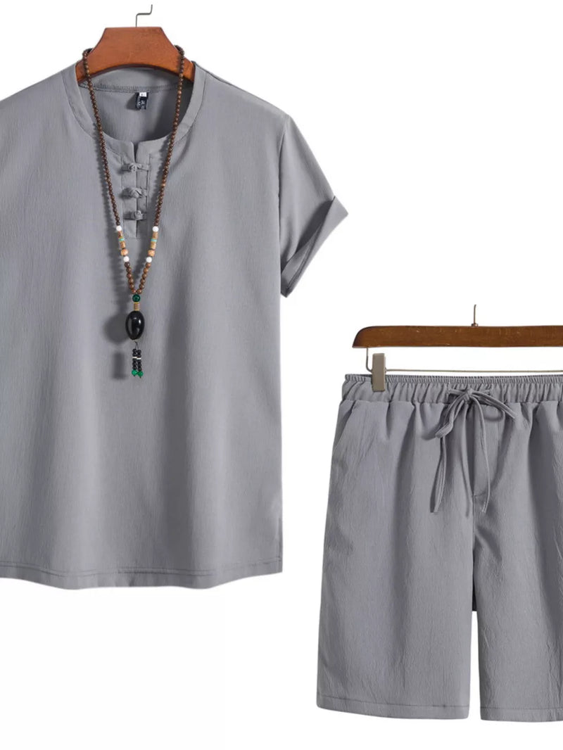 Men's Plus Size Mandarin Collar Short Sleeve Shirt and Shorts Set 4