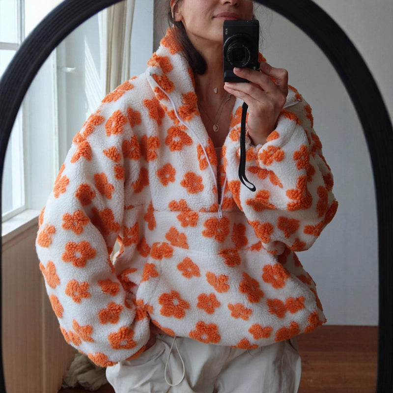 Mabel Floral Fleece Pullover — Orange