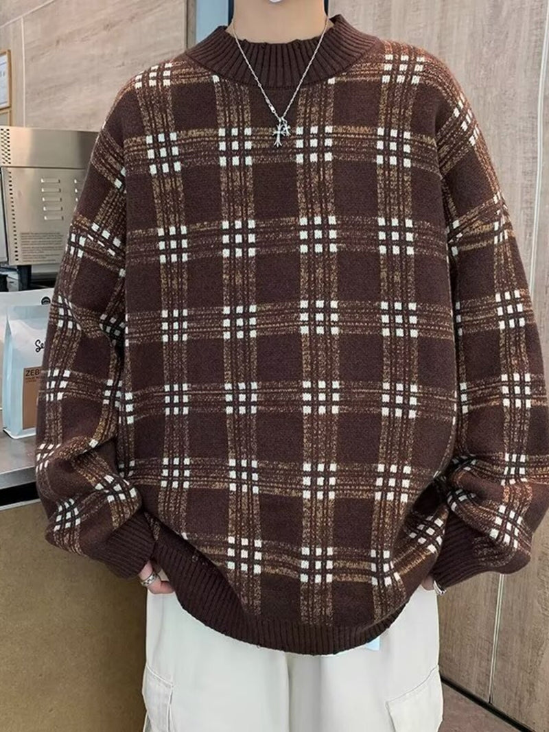 Men's Plaid Round Neck Long Sleeve Sweater Brown