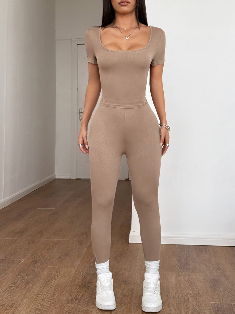 Short Sleeve Top And Leggings Set Khaki