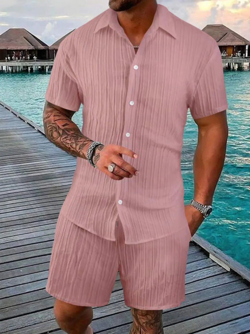 Men's Full Size Button Down Short Sleeve Shirt and Shorts Set Plus Size | Hazel & June Dusty Pink
