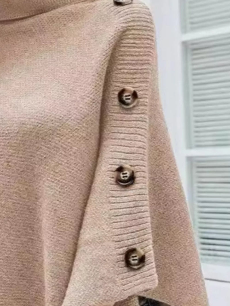 Button-Decor Turtleneck Poncho Pullover 5