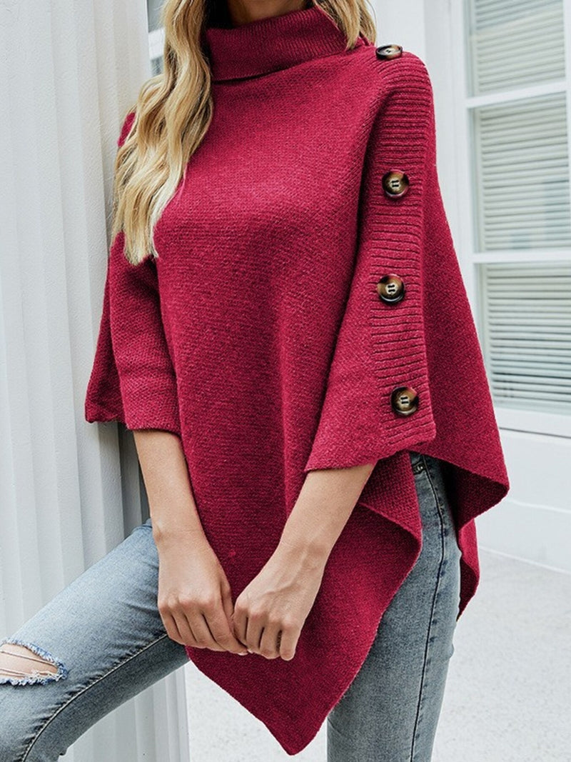 Button-Decor Turtleneck Poncho Pullover | Hazel & June Rose Red