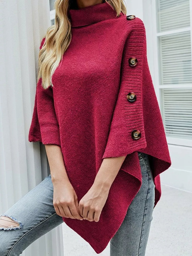 Button-Decor Turtleneck Poncho Pullover 7