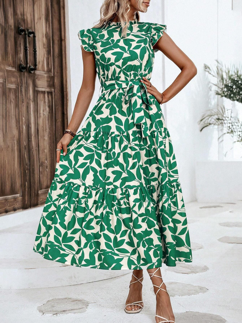 Rust Leaf-Print Ruffle Midi 5