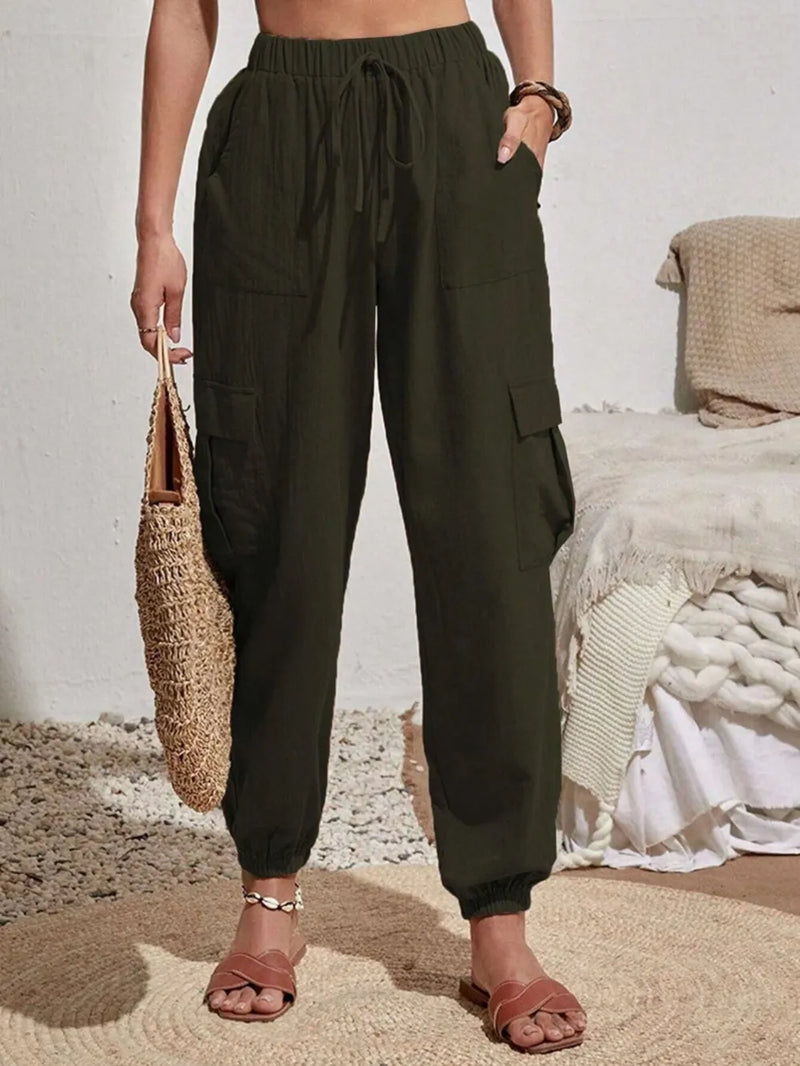 Drawstring Joggers with Cargo Pockets | Hazel & June Army Green
