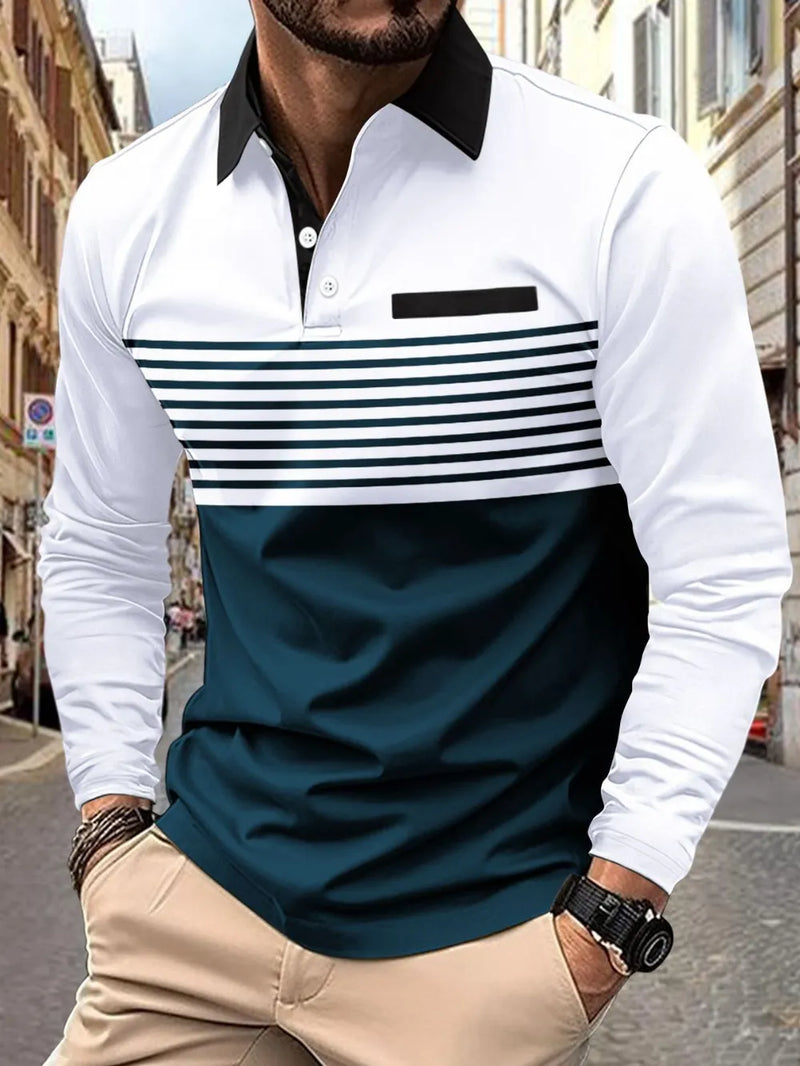 Men's Full Size Collared Neck Long Sleeve Striped Polo Plus Size | Hazel & June White