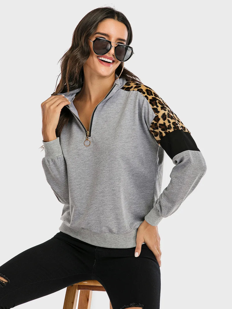 Perfee Contrast Leopard Half Zip Long Sleeve Sweatshirt 4