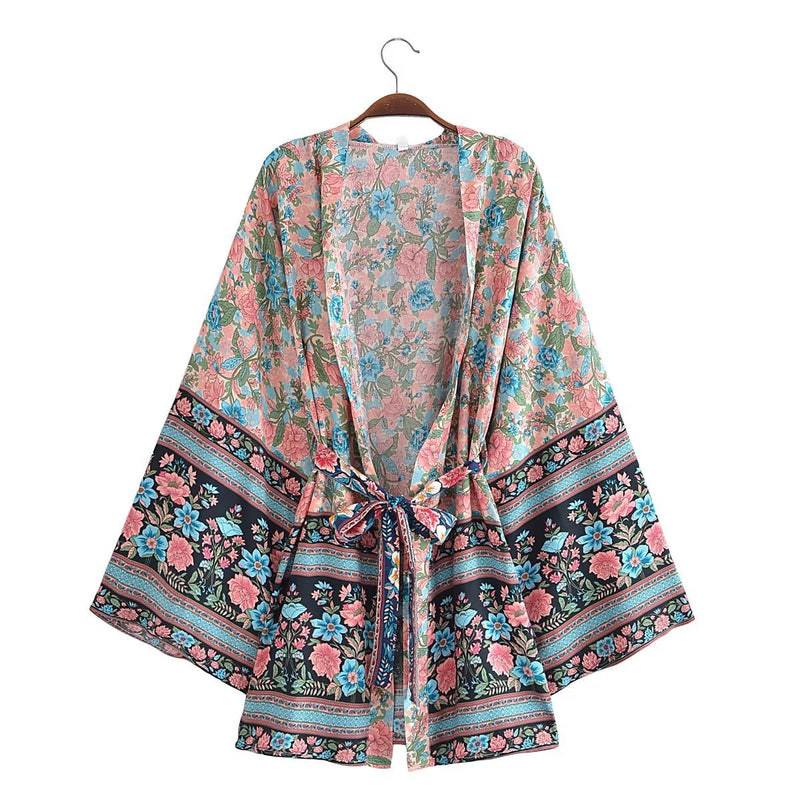 Sage Floral Paisley Boho Kimono — Pink Flowers