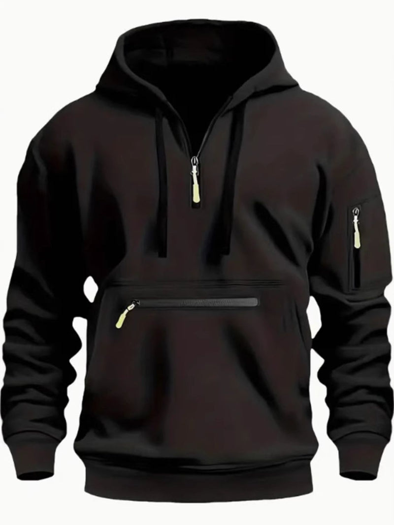 Men's Full Size Half Zip Long Sleeve Hoodie Plus Size Black