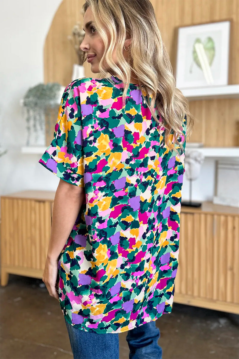 Double Take Full Size Printed V-Neck Short Sleeve Side Slit Top 8