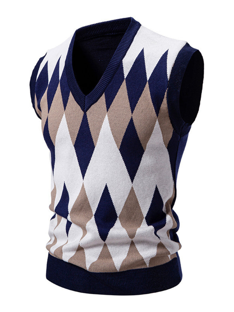 Men's Plus Size Diamond Pattern V-Neck Sweater Vest 11