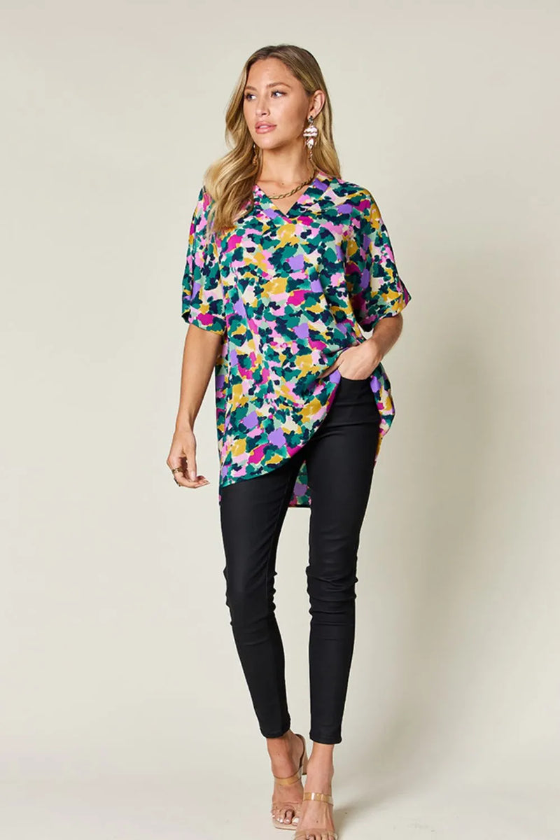 Double Take Full Size Printed V-Neck Short Sleeve Side Slit Top 6