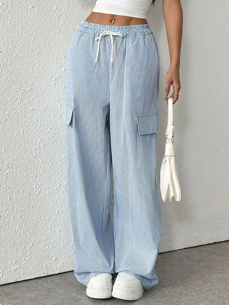 Drawstring Striped Wide Leg Cargo Pants 4