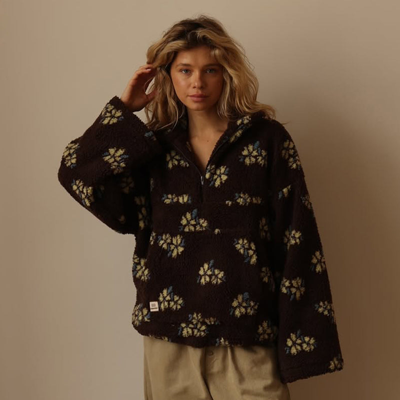 Mabel Floral Fleece Pullover — Coffee Color