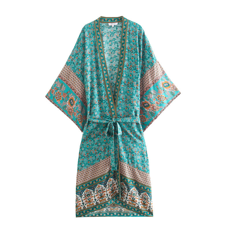 Turquoise Floral Belted Kimono Robe 5