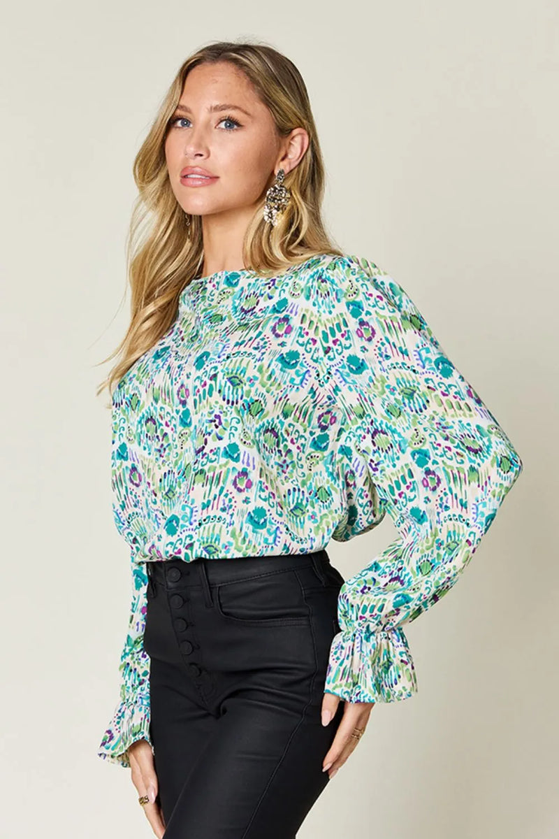Double Take Full Size Printed Flounce Sleeve Blouse 7