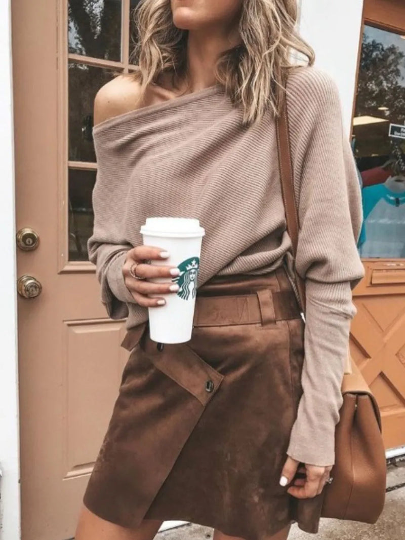 Single Shoulder Ribbed Knit Top | Hazel & June Khaki