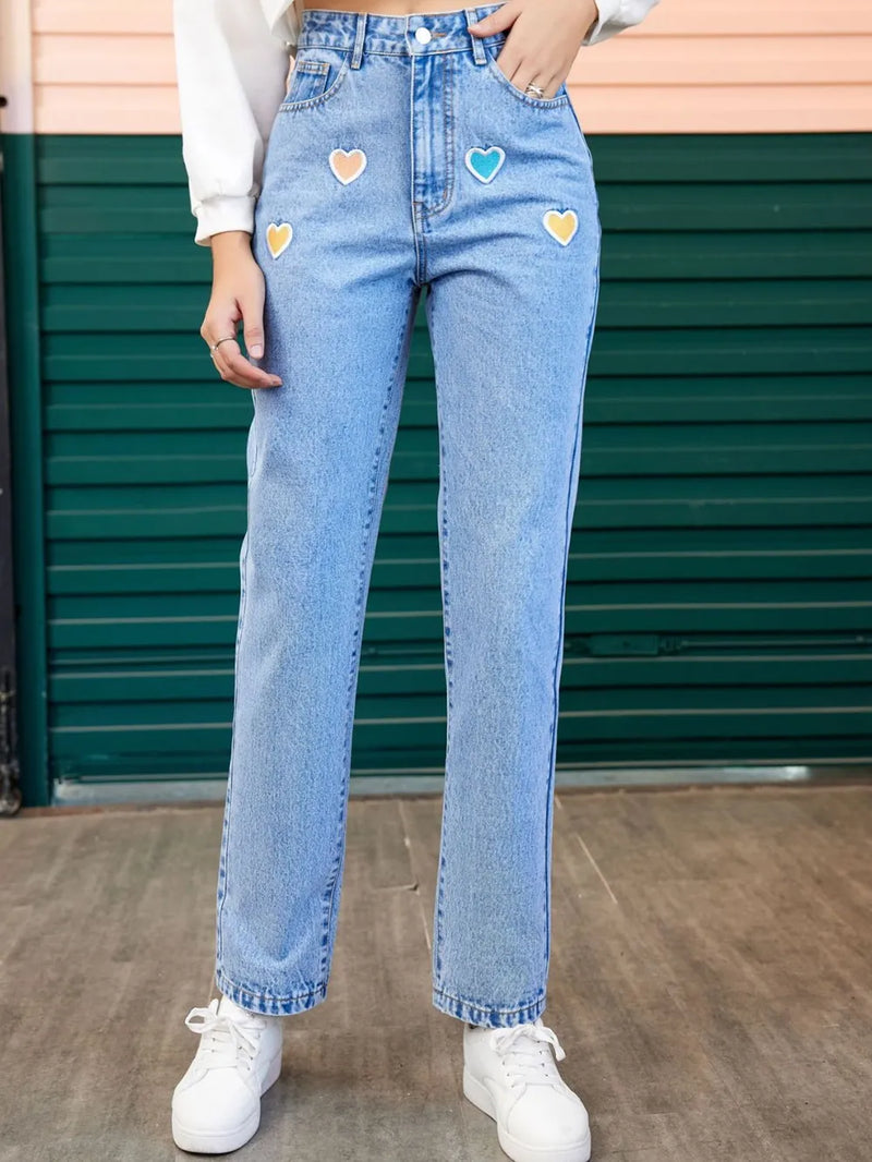 Heart Straight Leg Jeans with Pockets 1