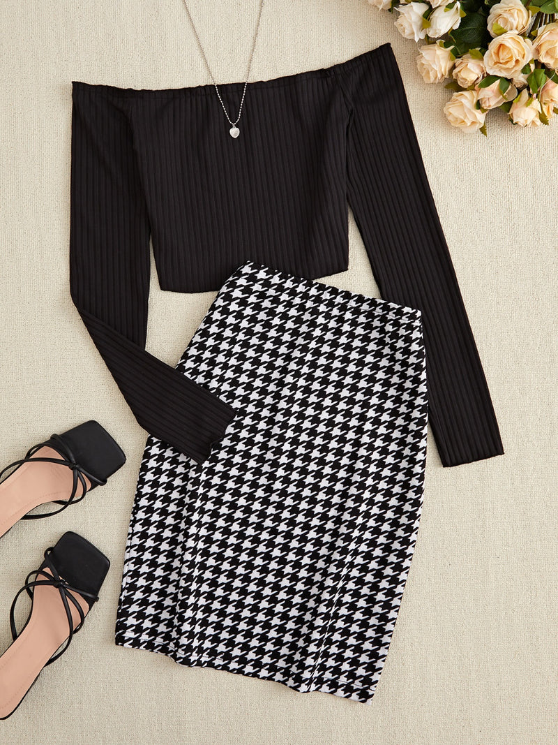 Off-Shoulder Long Sleeve Top and Houndstooth Skirt Set 7