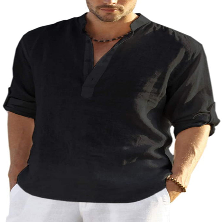 Grove Cotton Linen Stand Collar Shirt — Black