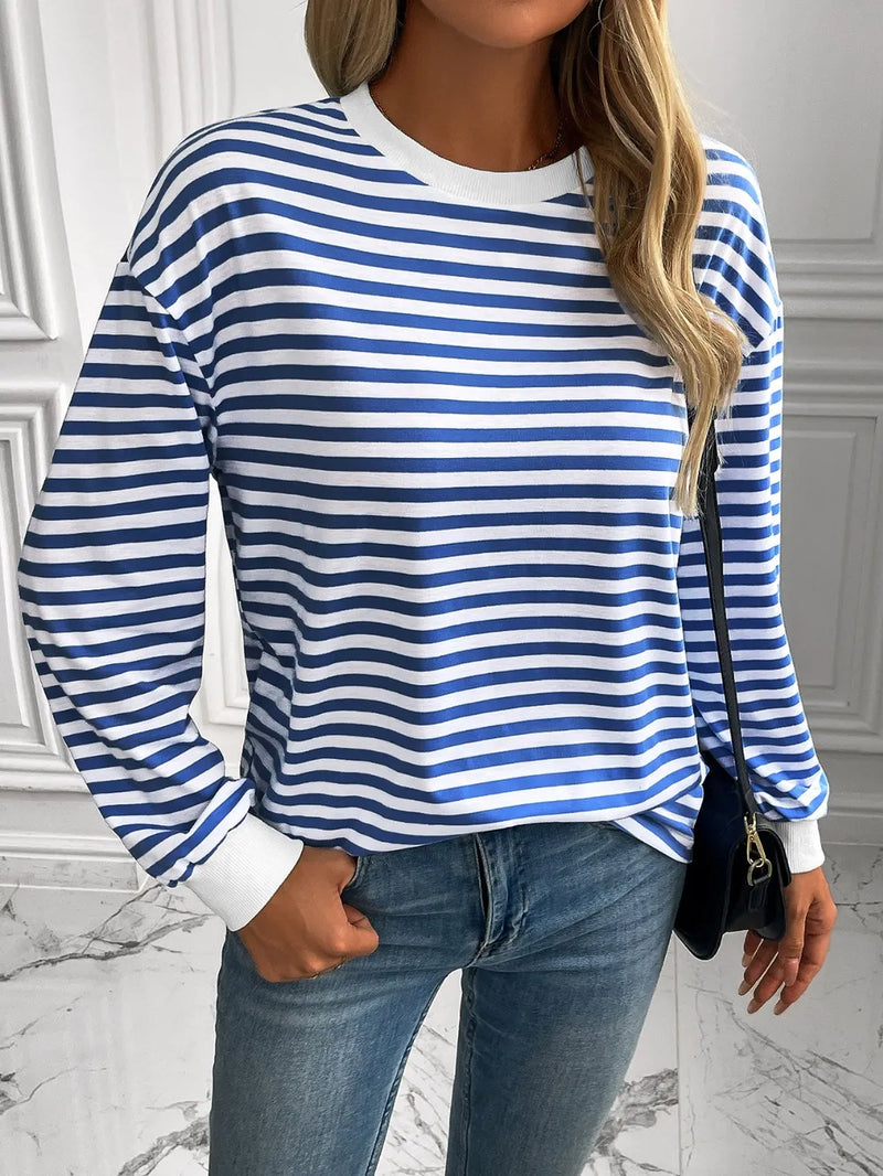 Ivy Lane Striped Round Neck Long Sleeve Sweatshirt | Hazel & June Royal Blue