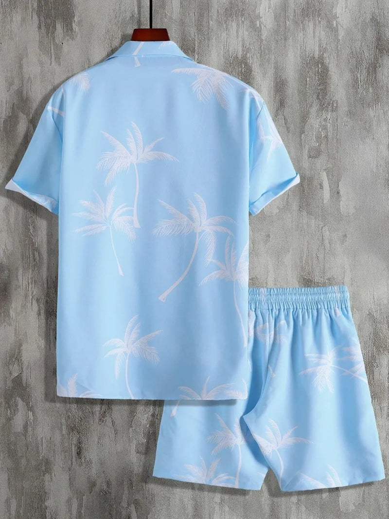 Men's Full Size Palm Print Button Up Shirt and Shorts Set Plus Size 6