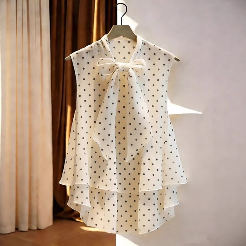 Cream Polka-Dot Bow Chiffon Blouse