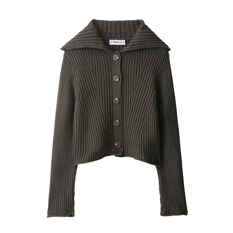 Olive Rib-Knit Shawl-Collar Cardigan 5