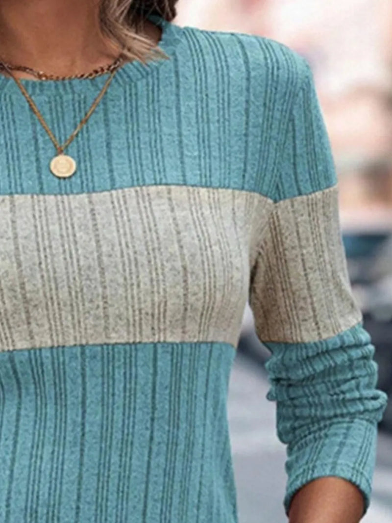 Color Block Round Neck Long Sleeve Sweater 3