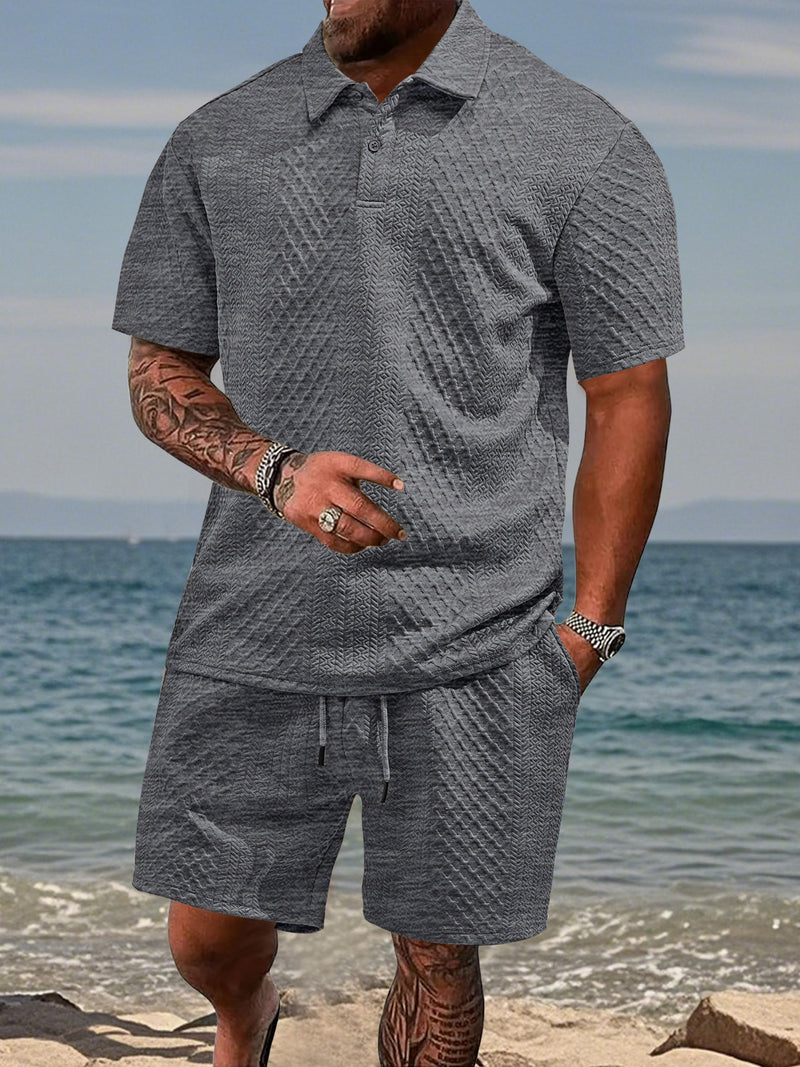 Men's Full Size Textured Knit Polo Shirt & Shorts Set Plus Size | Hazel & June Gray