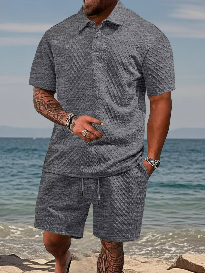 Men's Full Size Textured Knit Polo Shirt & Shorts Set Plus Size 5