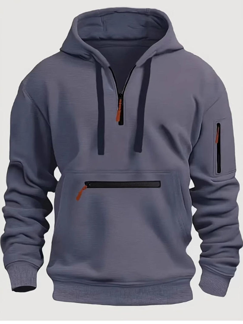 Men's Full Size Half Zip Long Sleeve Hoodie Plus Size Dark Gray