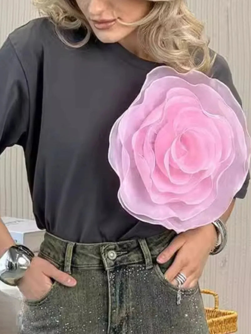 Flower Round Neck Short Sleeve T-Shirt | Hazel & June Grey