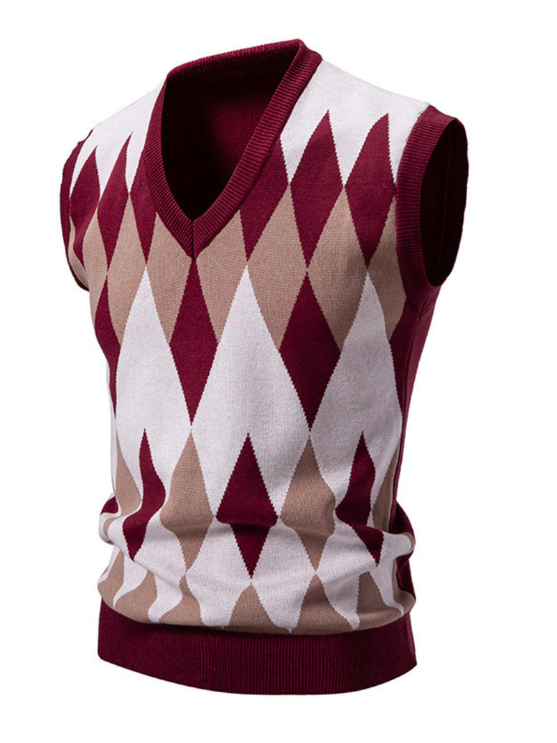 Men's Plus Size Diamond Pattern V-Neck Sweater Vest Wine Red