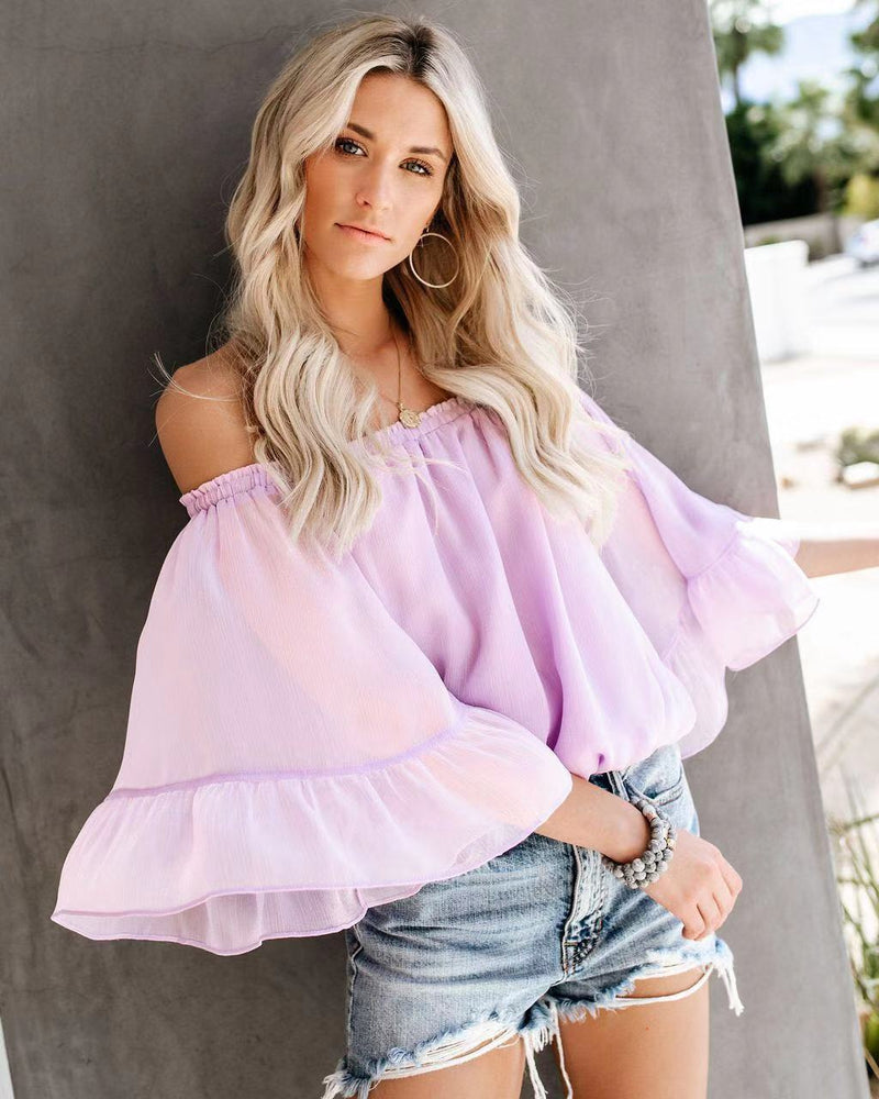 Liv Off-Shoulder Bell-Sleeve Blouse — Purple