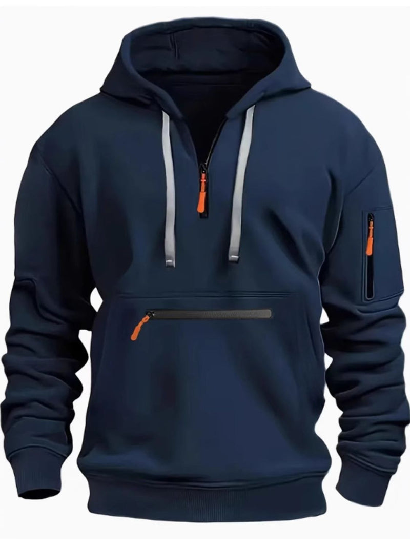 Men's Full Size Half Zip Long Sleeve Hoodie Plus Size Navy