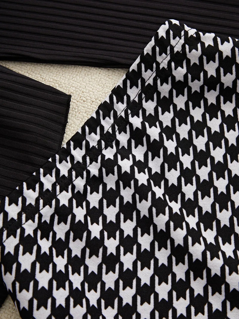 Off-Shoulder Long Sleeve Top and Houndstooth Skirt Set 5