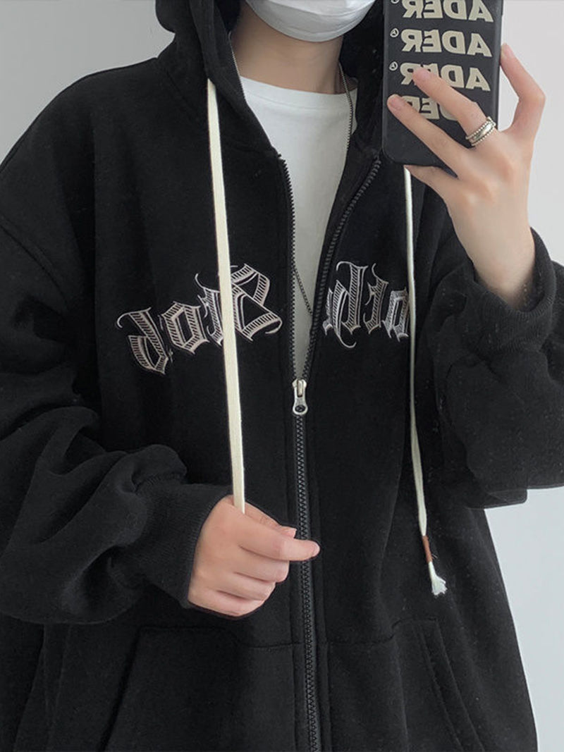 Men's Plus Size Letter Zip Up Drawstring Hoodie 4