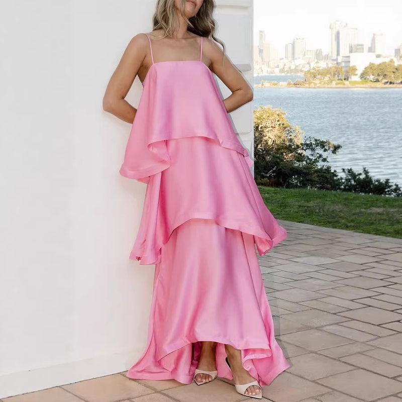 Saona Tiered Satin Maxi Dress — Pink
