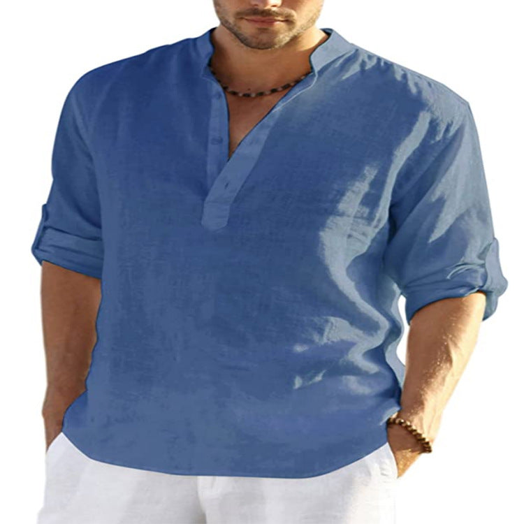 Grove Cotton Linen Stand Collar Shirt — Blue