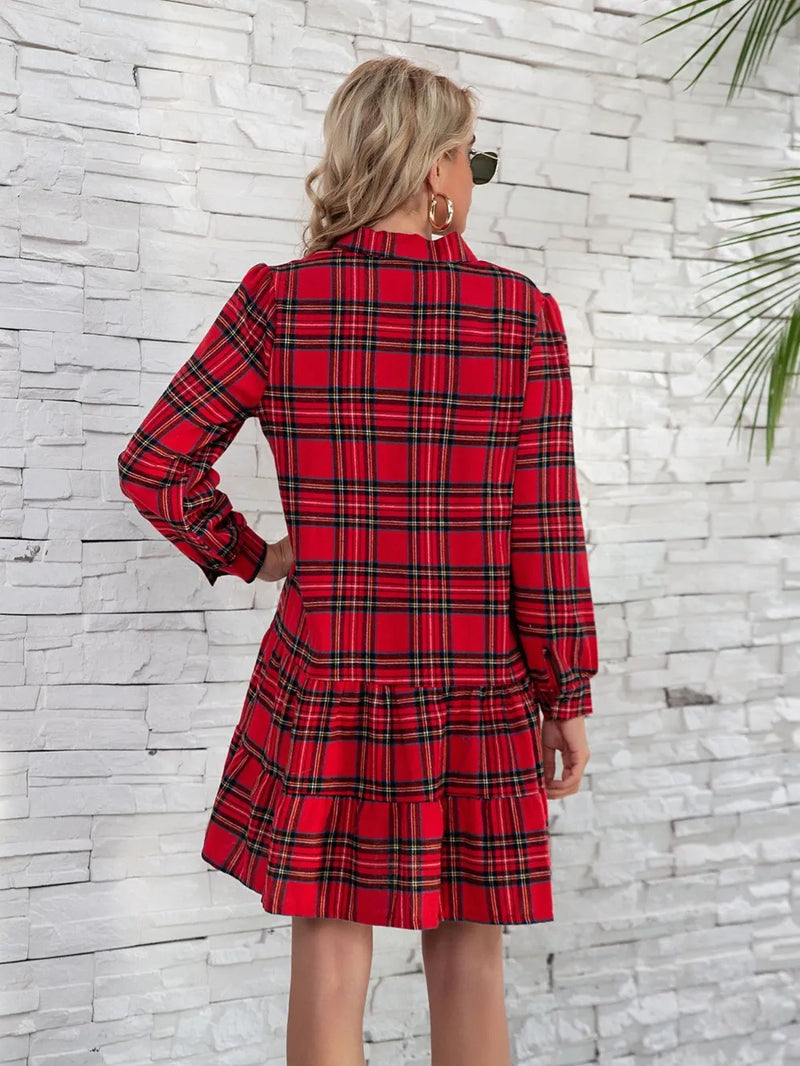 Ruffle Hem Plaid Button Down Long Sleeve Dress 3